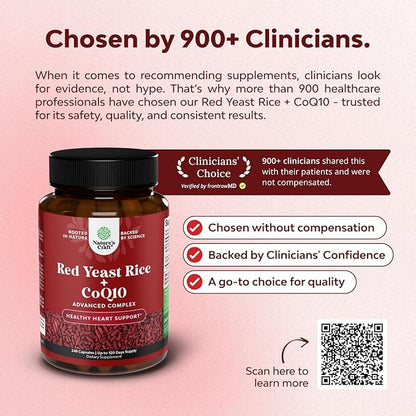 Red Yeast Rice with CoQ10 Supplement - Advanced Healthy Heart & Healthy Cholesterol Levels Formula for Men & Women - Red Yeast Rice Capsules with 1200mg per Serving and CoQ10-240 Count