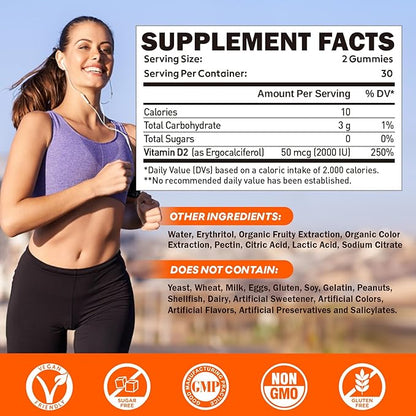 duwhot Vitamin D2 Gummies 2000 IU, Plant-Based D2 Vitamin Supplement from Whole Mushroom, Immune Support, Daily Sunshine Supply，Vegan, Non-GMO, Orange, 120