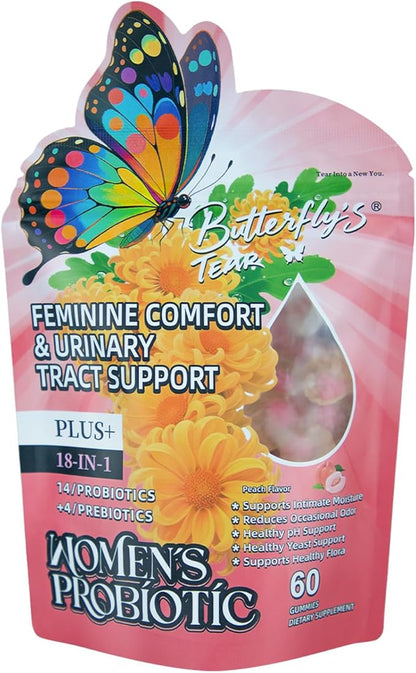 BUTTERFLY'S TEAR Women's Probiotic Gummies | 18-in-1 Feminine Comfort & Urinary Tract Support | 14 Probiotics + 4 Prebiotics | Peach Flavor | Intimate Moisture, pH Balance, Healthy Flora, 180 Chew