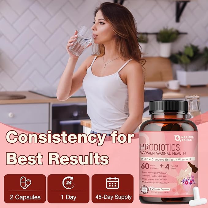 NATURE TARGET Vaginal Probiotics for Women, pH Balance for Women with Probiotic, Prebiotics, Cranberry & Vitamin C, Support Odor Control, Flora Balance, Urinary & Digestive Health, 90 Vegan Capsules