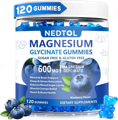 Magnesium Glycinate Gummies 600mg, Sugar Free Magnesium Potassium Supplement for Adults with Magnesium L-Threonate, Vitamin D, B6,and CoQ10 for Sleep, Body Support and Relaxation,120 Count