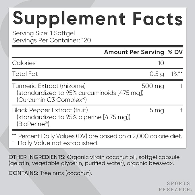 Sports Research® Turmeric Curcumin C3 Complex® w/BioPerine Black Pepper Extract & Organic Coconut Oil - Standardized 95% Curcuminoids · Non-GMO · Gluten Free - 120 Count Softgels