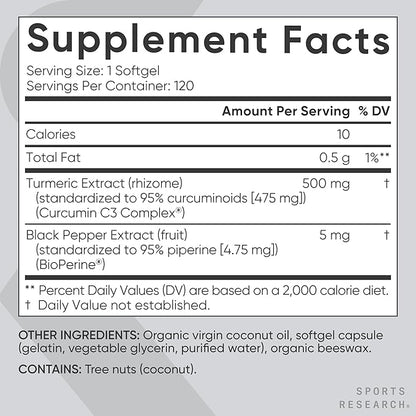 Sports Research® Turmeric Curcumin C3 Complex® w/BioPerine Black Pepper Extract & Organic Coconut Oil - Standardized 95% Curcuminoids · Non-GMO · Gluten Free - 120 Count Softgels
