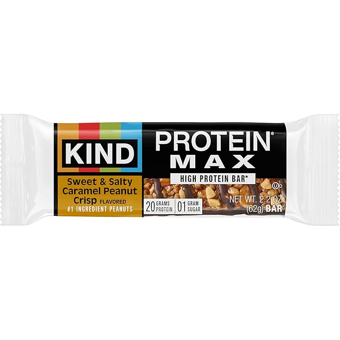 KIND Protein MAX Sweet & Salty Caramel Peanut Crisp Snack Bars, 20g of Protein, Keto Friendly, 1g of Sugar Per Bar, Gluten Free, 4 Count Box