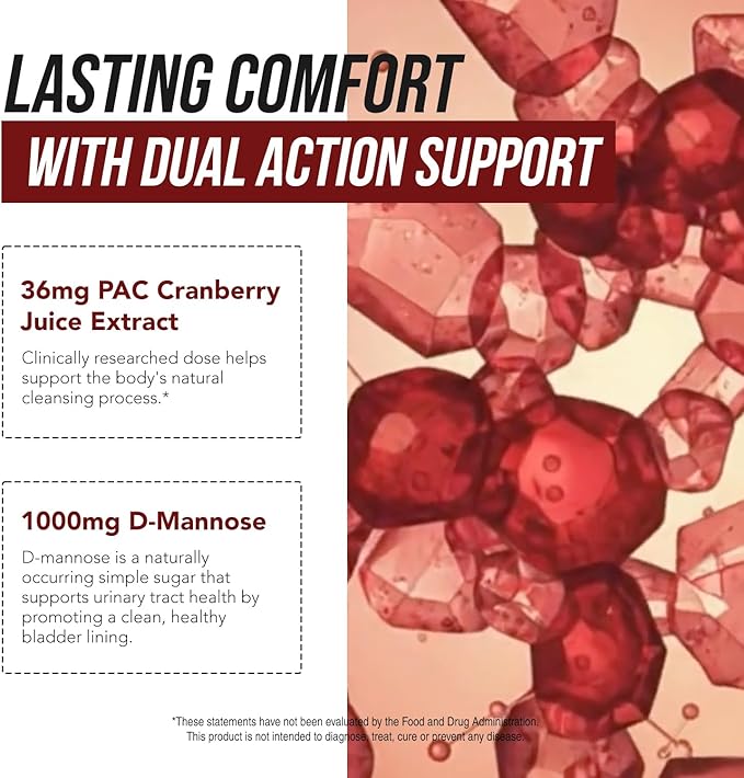 CranEaze®: Cranberry Juice Extract Plus D-Mannose – 36 mg PAC, 100% Soluble PAC - Supports Urinary Tract Health – Most Effective Cranberry Pills for Women, UTI Cranberry Supplement - 60 Capsules