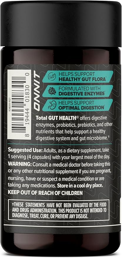ONNIT Total Gut Health Daily Digestive Support, IGEN™ Non-GMO Tested Digestion Supplement for Women and Men with 7 Strains of Probiotics, Prebiotics, Enzymes and Betaine HCL, 60 Count