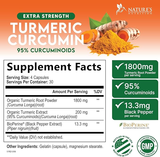 Turmeric Curcumin Supplement - 1800mg Organic Turmeric Per Serving - 95% Curcuminoids & BioPerine Black Pepper Extract for Best Absorption - Natural Vegan Joint Support, Bottled in USA - 120 Capsules
