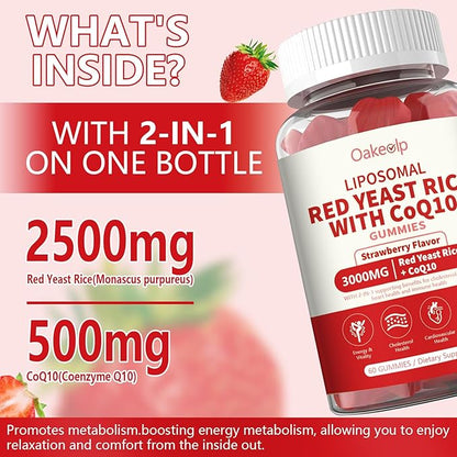 2 Pack Liposomal Red Yeast Rice with Coq 10 3000mg Gummies,Organic Red Yeast Rice Cholesterol Lowering Supplements, Enhanced with Coq 10 for Heart Health Support,Liposomal Enhance 98% Absorption