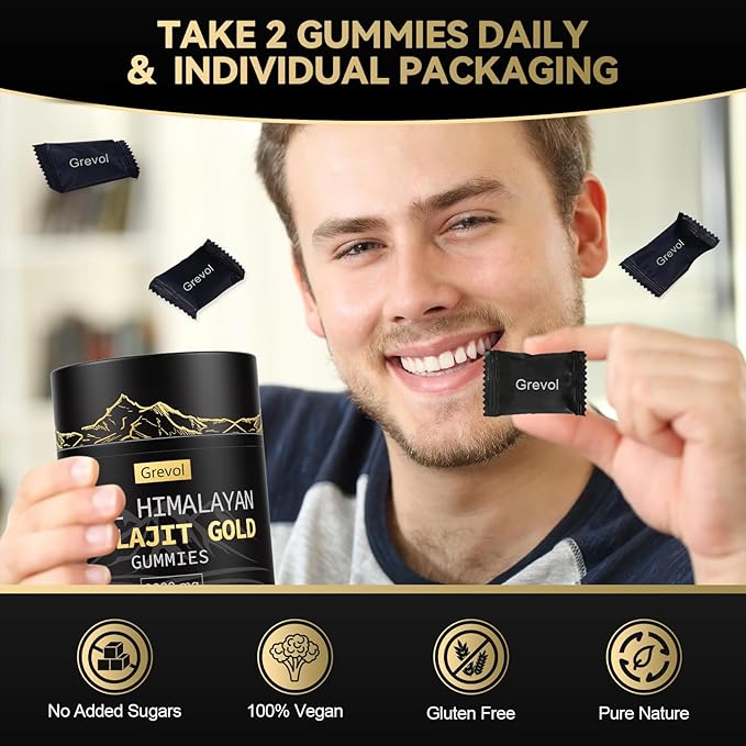 Grevol Himalayan Shilajit Gummies: Gold Grade Shilajit Riched with Ashwagandha Fulvic Acid & 85+ Trace Minerals - No Added Sugar - Individually Wrapped - for Men & Women - 60 Gummy