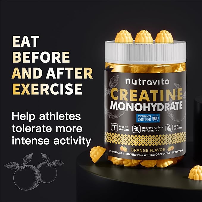 Creatine Monohydrate Gummies for Men & Women-5g of Creatine Monohydrate per Serving - Sugar Free,Vegan, Orange Flavor, 120 Count