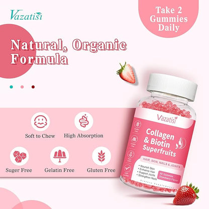 2 Pack Sugar Free Collagen Gummies for Women Men, Multi Collagen Peptides Gummies Type I II III V X with Biotin Vitamin A B C D E for Hair Skin Nails, Strawberry Flavor, 120 Count