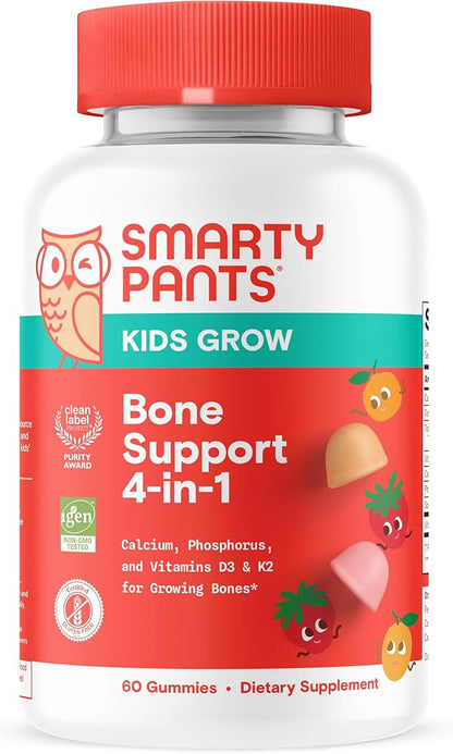 SmartyPants Kids Bone Support 4-in-1 Gummies with Calcium, Vitamin D3, K2 & Phosphorus for Growing Bones, Strawberry Mango, 60 Count (30 Day Supply)