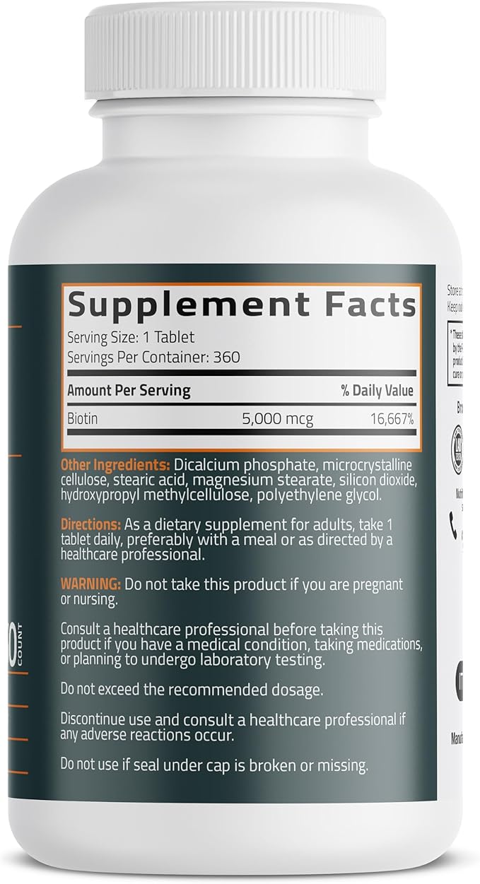 Bronson Biotin 5,000 MCG Supports Healthy Hair, Skin & Nails & Energy Production - High Potency Beauty Support - Non-GMO, 360 Vegetarian Tablets