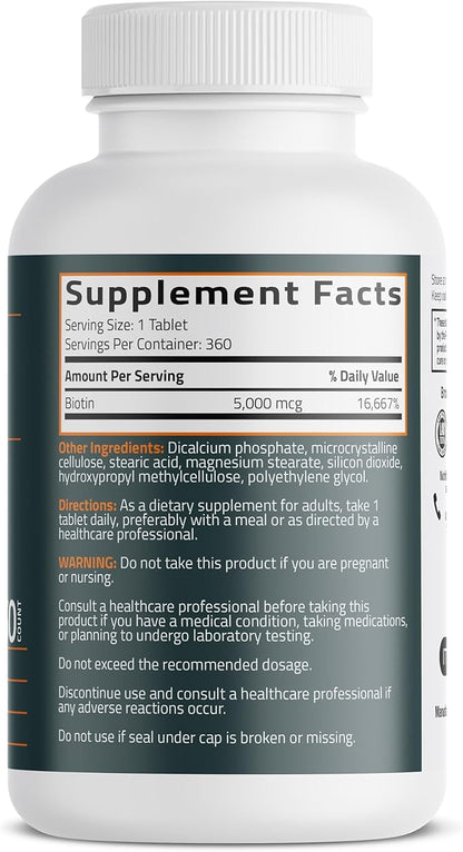 Bronson Biotin 5,000 MCG Supports Healthy Hair, Skin & Nails & Energy Production - High Potency Beauty Support - Non-GMO, 360 Vegetarian Tablets