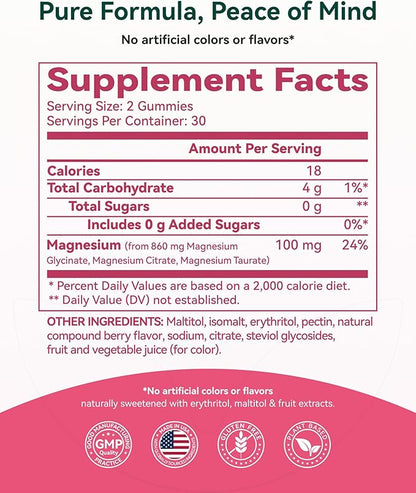 Magnesium Glycinate Plus Gummies 860mg, Sugar-Free, Non-GMO, Gluten-Free, Magnesium Gummies for Adults & Kids, Sleep, Relaxation & Focus, Magnesium Supplement for Women, Mixed Berry Flavor, 60 Count