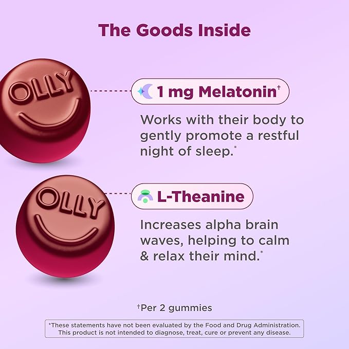 OLLY Kids Sleep Gummy, 0.5mg Melatonin, L Theanine, Chamomile, and Lemon Balm, Childrens Chewable Supplement, Raspberry - 50 Count