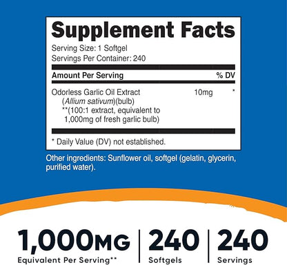 Nutricost Garlic 1000mg, 240 Softgels (3 Bottles) - Odorless, Premium Gluten Free Supplement