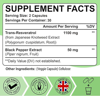 99% Ultra Purity Trans-Resveratrol 1100mg, 3-in-1 Advanced Formula Organic Resveratrol Supplement, Max Antioxidant, Anti-Aging, Skin Health, Cell Repair, Boost NAD+, Immune & Energy, 60 Caps