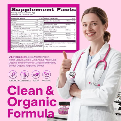 21 in 1 Magnesium Glycinate Gummy for Women with D3, K2, B6, B12, L-Theanine & Ashwagandha, 2500mg Magnesium Complex, Sleep Support, Vegan, Non-GMO,Third-Party Tested (60-Day Supply)
