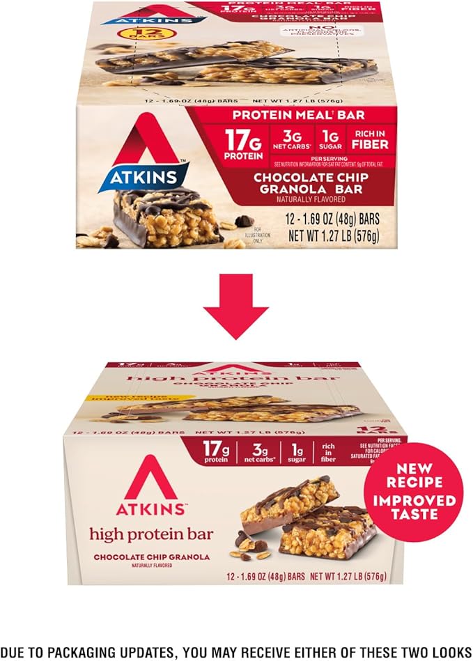Atkins Chocolate Chip Granola Protein Bar, High Fiber, Low Sugar, 17g Protein, 3g Net Carb, High Protein Bars, Keto Friendly, 12 Count