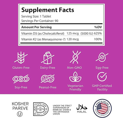 Zahler - Vitamin D3 & K2 Chewable Supplement (90 Count) - Certified Kosher K2 D3 Vitamin 5000 IU Delicious Chew Tablet - Vitamin D & K2 for Calcium Absorption, Bone Density & Immune Support