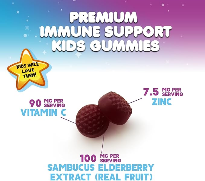 Kids Immune Support Elderberry Gummies - Daily Children's Vitamins C, Zinc & Kids Support Gummy - Nature's Sambucus Elderberry Supplement, Vegan, Gluten-Free, Tasty Berry Flavor - 60 Gummies