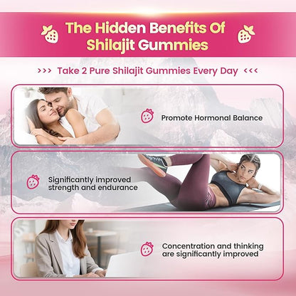 Shilajit for Women Gummies, micronutrient Supplement, Pure Himalayan Shilajitn, Contains Tongkat Ali, Ashwagandhaa, Turmeric, Saffron for hormonal Balance & Energy | Strawberry Flavor (60 Gummies)