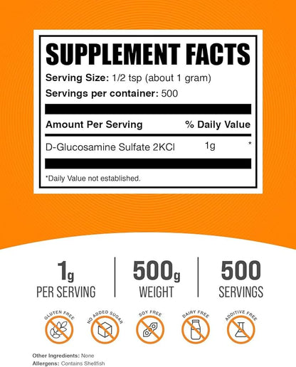 BulkSupplements.com Glucosamine Sulfate Powder - Glucosamine Supplement, Joint Support Supplement - Gluten Free, 1g per Serving, 500g (1.1 lbs) (Pack of 1)