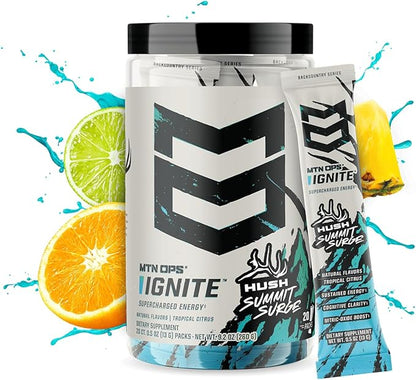 MTN OPS Ignite Sugar Free Energy Drink Powder Trail Packs with 200mg Caffeine, Travel Pre Workout Packets for to-Go Energy, Nootropic Blend, L Arginine & L Citrulline, 20 Servings, Hush Summit Surge