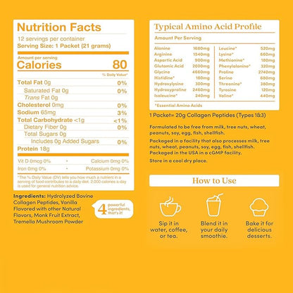 Further Food Vanilla Collagen Peptides Powder with Tremella Mushroom – 100% Grass-Fed, Hydrolyzed Type 1 & 3, 20g of Collagen per Serving, Supports Skin, Hair, Nails & Joints, Stick Packs, 8.89 Oz