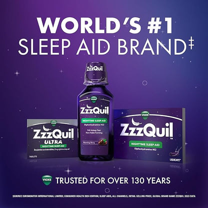 ZzzQuil Liquid Sleep Aid, Diphenhydramine 50mg HCI, Free & Clear, Free of Alcohol and Artificial Dyes, Nighttime Sleep Aid Liquid, Non-Habit Forming, Strawberry Flavored, 2 Pack, 24 FL OZ