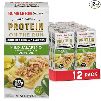 Bumble Bee Prime Protein on the Run Tuna Snack Kit, Pack of 12 - Gourmet Tuna Marinated in Olive Oil & Mild Jalapeno with Crackers and Serving Utensil - 20g of Protein Per Serving, Easy Open Can