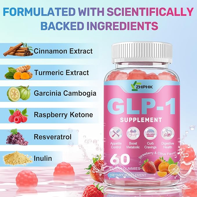 GLP-1 Support for Women & Men, Sugar-Free Gummies with Berberine, Cinnamon, Turmeric, Raspberry Ketone, Resveratrol, Appetite & Craving Control, Metabolism Digestion & Gut, No Stomach, 120 Count