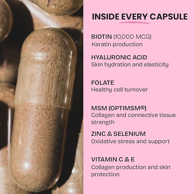 GOBIOTIX Hair Skin and Nails Vitamin Supplement - 10000mcg Biotin Pills with Hyaluronic Acid, Folate, Iron, Magnesium, and Zinc - Collagen Production, Hair Growth - 30 Servings