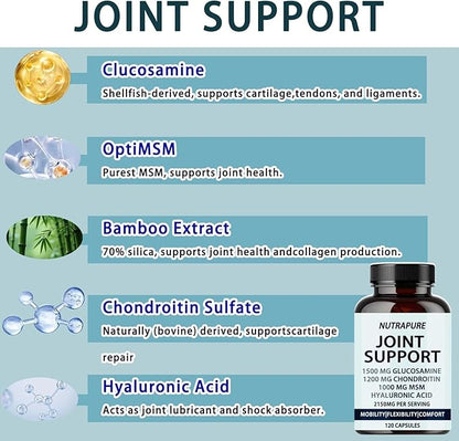 Nutrapure Joint Support - Glucosamine Chondroitin, MSM, Hyaluronic Acid & Bamboo Extract, Maintaining Joint Health - 120 Capsules