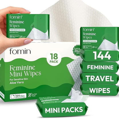 FOMIN Feminine Wipes for Women - 18 Pack (144 Wipes) - pH Balanced Aloe Vera Intimate Cleansing Wipes - Wipes for Sensitive Skin - Individual Packets -Travel Essentials & Gifts for Women & Teen Girls