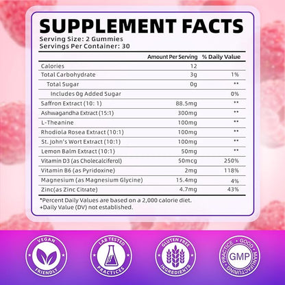 softbear Saffron Gummies for Kids & Adults, 10-in-1 Organic Saffron Supplements with 88.5mg Saffron Extract Support Calm Mind & Focus & Zzz, Sugar Free/Non-GMO, Raspberry Flavor 120 Count