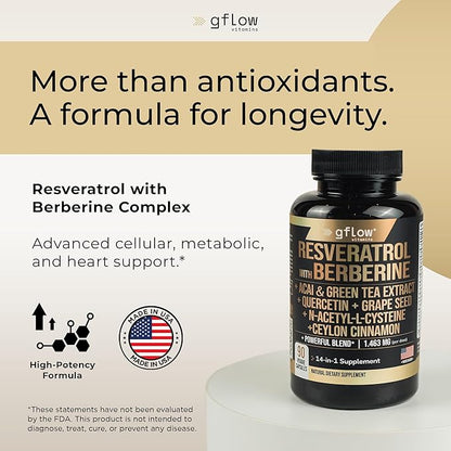Resveratrol Supplement with Berberine Green Tea Extract, Ceylon Cinnamon, Grape Seed & Quercetin1000mg Quercetin, N Acetyl cysteine, Acai | 100% Natural, Max Strength | Made in USA