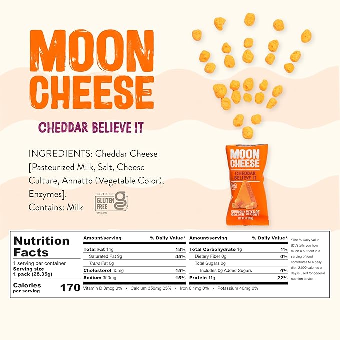 Moon Cheese Cheddar Believe It, 1 Ounce, 12-Pack, Crunchy, Protein-Rich Cheese Snack, Keto Friendly, 100% Real Cheese