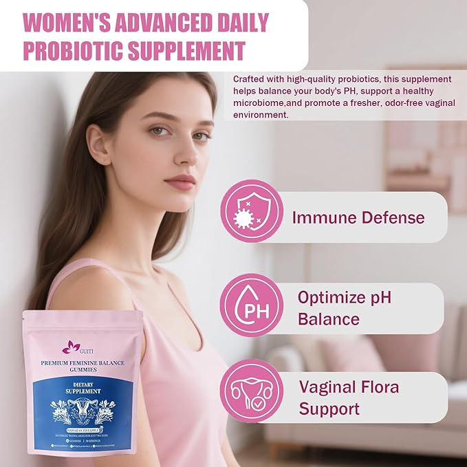 GUITI Premium Feminine Balance Gummies, Hawaiian Pineapple Flavored Gummies, Pineapple Gummies for Women PH, Vaginal Probiotics, 60 Gummies ﻿
