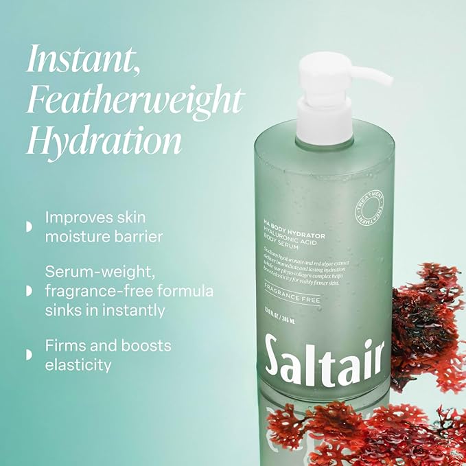 Saltair Hyaluronic Acid Body Serum – Hydrating Body Lotion for Smoother Looking Skin – Sheer Gel Moisturizer with Sodium Hyaluronate & Red Algae – Fragrance-Free HA Hydrator – 13oz Pump Bottle