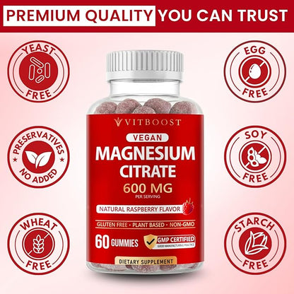 Vitboost Magnesium Citrate Gummies 600mg - 60 Count Vegan Magnesium Gummies for Relaxation & Muscle Support - Natural Raspberry Flavor - Non-GMO, Gluten Free, Plant Based