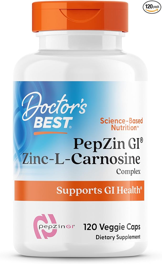 Doctor's Best PepZin GI, Zinc-L-Carnosine Complex for Men & Women - Zinc Carnosine Supplement Caps for Gut Health, Digestive Support, & Stomach Comfort, Vegan, Gluten Free - 120 Veg Capsules