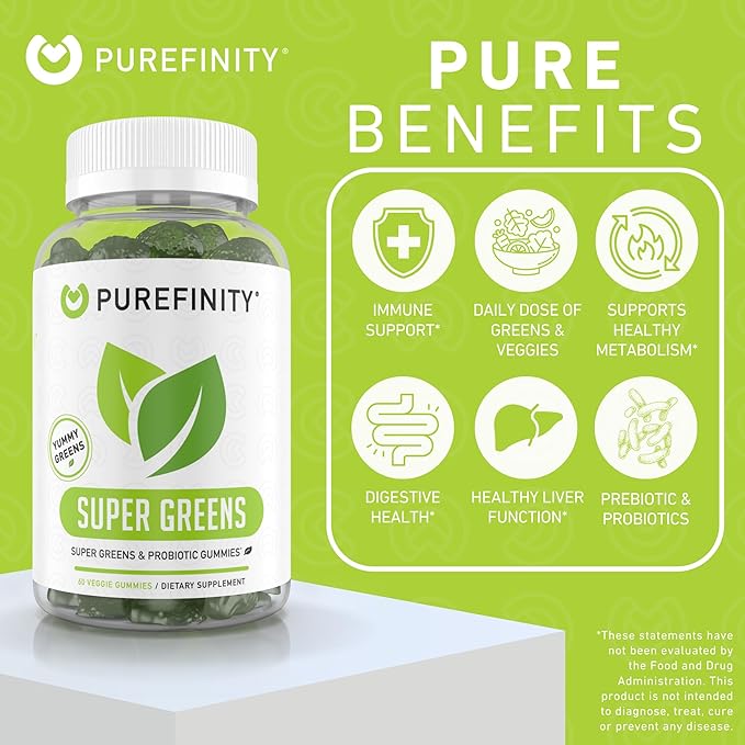 PUREFINITY Daily Super Greens Gummies with Spirulina, Spinach, Broccoli, Beet Root, Acai, and Other Vegetables, All-in-One Veggie Supplement – Non-GMO, Gluten Free, Vegan, 60 Count