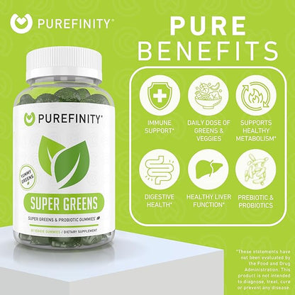 PUREFINITY Daily Super Greens Gummies with Spirulina, Spinach, Broccoli, Beet Root, Acai, and Other Vegetables, All-in-One Veggie Supplement – Non-GMO, Gluten Free, Vegan, 60 Count