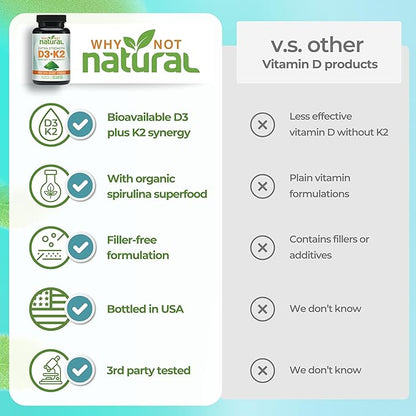 Why Not Natural Vitamin D3 K2 (MK-7) with Organic Spirulina, 10000 IU Extra Strength Supplement in Veggie Capsules, Supports Bone Health, Immune System and Mood