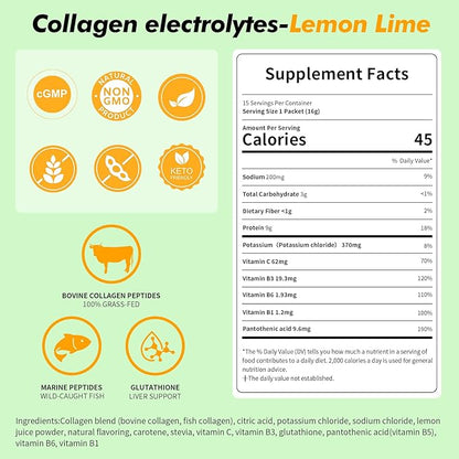 Electrolyte Collagen Powder Packets, 10g Collagen Protein Drink Mix for Hydration Recovery, Zero Sugar 2-in-1 Post Workout Rehydration, Joint Skin Muscle Support, 5 Vitamins, Lemon Lime