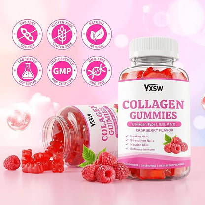 Collagen Gummies for Women Men, Hydrolyzed Collagen Protein Type I II III V X with Biotin Vitamin C A B D E Hyaluronic Acid for Hair, Skin, Nails, Joint, Immune Support, Raspberry Flavor, 60 Count