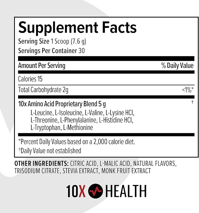 10X Health Amino Acids - 30 Servings of EAA & BCAA Powder, Pre Workout BCAA with Essential Amino Acids Supplement - BCAAs & EAAs for Longevity, Muscle Support, Strength, Energy - Fruit Punch