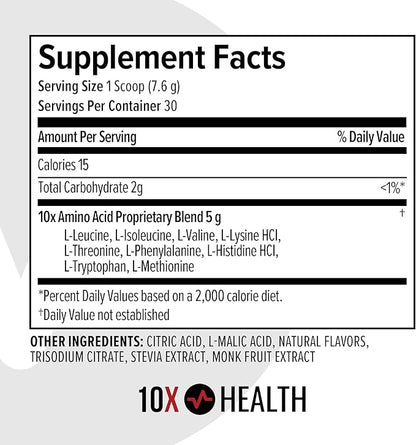 10X Health Amino Acids - 30 Servings of EAA & BCAA Powder, Pre Workout BCAA with Essential Amino Acids Supplement - BCAAs & EAAs for Longevity, Muscle Support, Strength, Energy - Fruit Punch